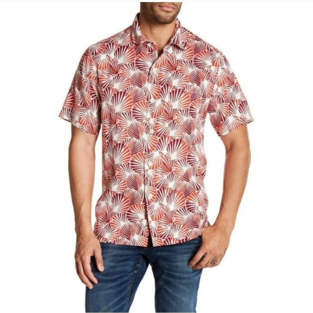 Tommy‎ Bahama Mens 100% Silk Red White Shell Short Sleeve Button Front Shirt XL